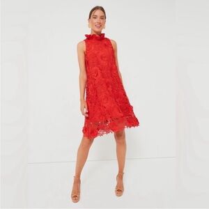 Tuckernuck Red Sleeveless Lace Shift Dress with Ruffle Neckline